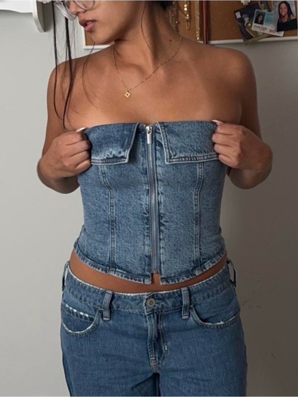Wild Fable Denim Strapless Zip-Front Corset Top - Blue